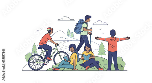 Diverse group enjoying outdoor recreational activities in a scenic landscape.