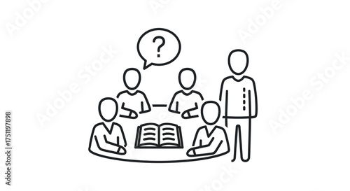 Group of people in a meeting with a question mark above them.