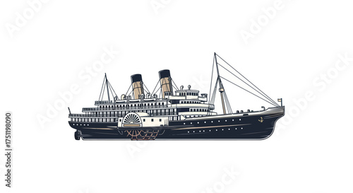 Detailed Illustration of a Vintage Paddle Steamer Ship.