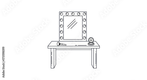 Illuminated Vanity Mirror with Makeup and Microphone on Table.