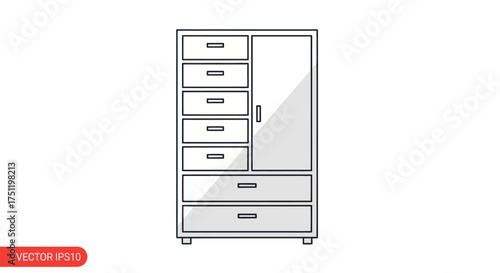 Detailed Black and White Illustration of a Tall Wardrobe with Drawers.