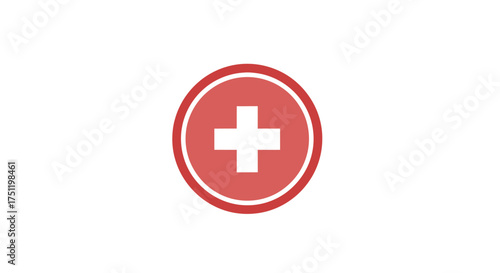 Red circular icon with a white plus sign for medical healthcare or add button.