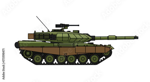 Modern Main Battle Tank with Camouflage and Turret-Mounted Machine Gun.