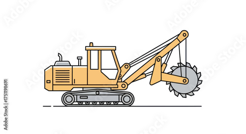 Yellow tracked trencher with large circular cutting wheel attachment.