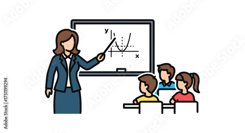 Teacher Explaining Math Graph to Students in Classroom.