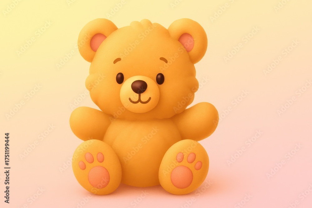 Fototapeta premium Adorable fluffy teddy bear character sitting centered on a smooth pastel gradient background