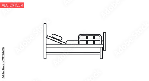 Simple Line Art Illustration of a Hospital Bed with Adjustable Headrest and Side Rails.