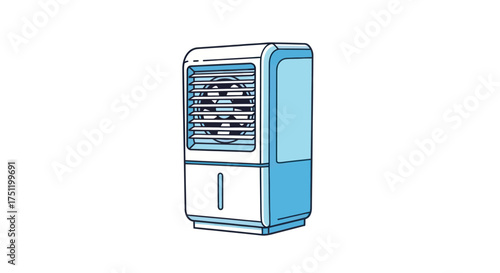Portable Air Cooler Illustration: Modern White and Blue Evaporative Cooling Unit.