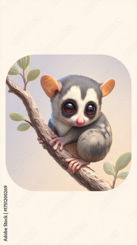 Naklejka premium Adorable Lemur Perched on Branch with Big Eyes and Cute Appearance.