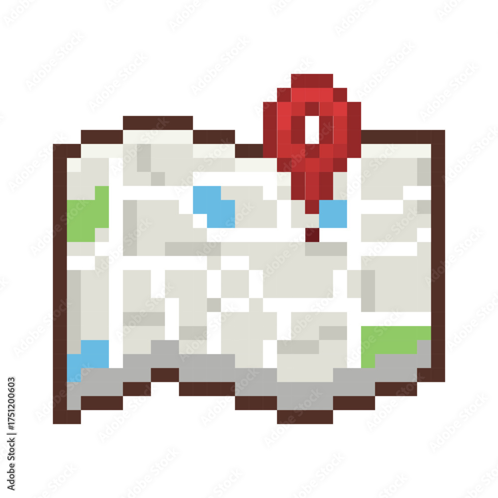 Fototapeta premium Pixel Art Map Icon with Location Marker Game UI Element