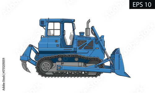 Vector illustration of a blue tracked bulldozer with front blade and rear ripper. Heavy machinery for construction and earthmoving isolated on white background