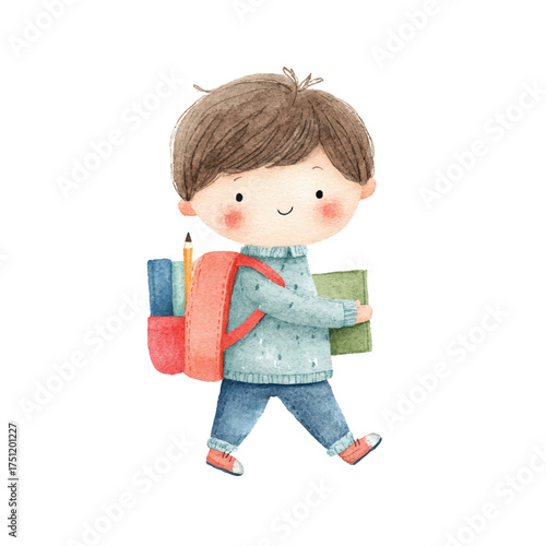 Cute Watercolor Boy with Backpack Books and Pencil Back to School Illustration.