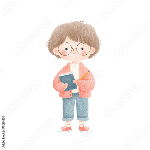 Cute Watercolor Child Student Notebook Pencil Illustration.