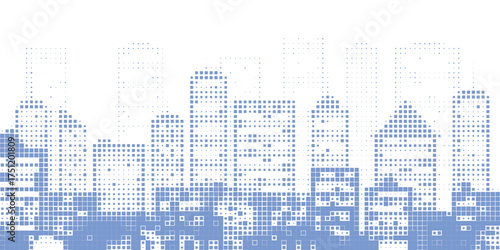 Beautiful city skyline with abstract futuristic pixel grid