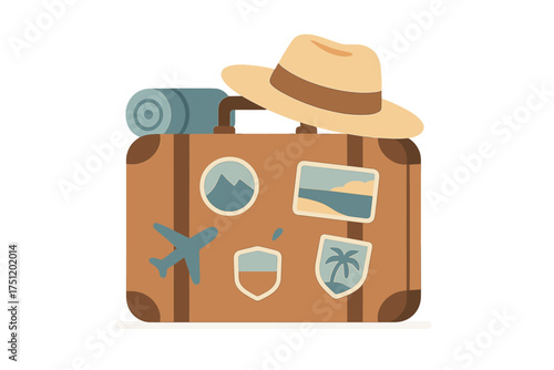 Classic brown travel suitcase adorned with destination stickers, a straw hat, and rolled gear
