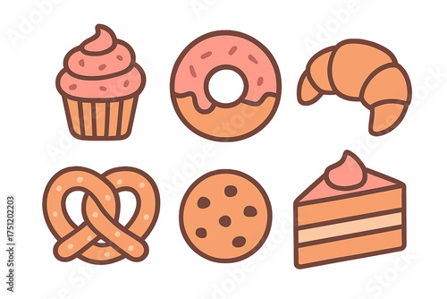 Assortment of bakery and dessert items including donut, cupcake, croissant, pretzel, cookie, and cake slice