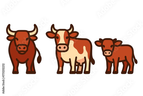 Bull, spotted dairy cow, and calf standing together as a farm animal family