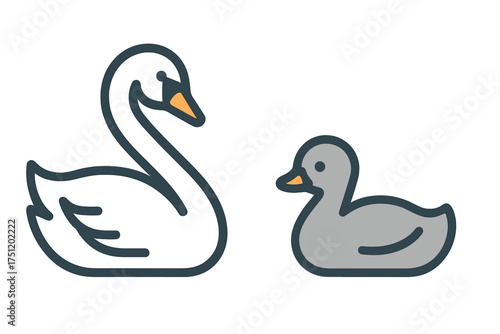 Elegant adult swan and a cute baby waterfowl swimming side by side in a pond, simple outline style