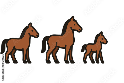 Three brown horses standing together including an adult, a juvenile, and a foal