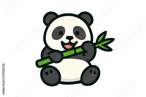 Adorable cartoon giant panda character sitting and holding a green bamboo stalk