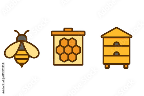 Flat design symbols for apiculture including a honey bee, hexagonal honeycomb, and wooden beehive