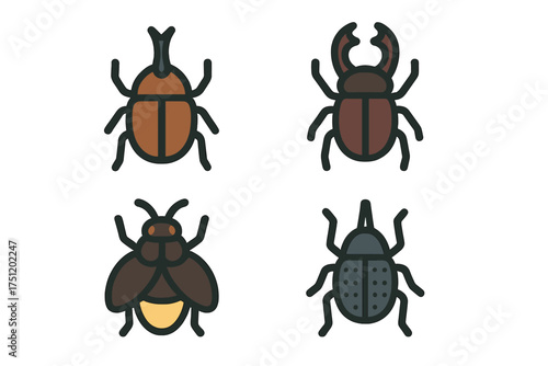 Collection of four stylized insect icons featuring stag beetle, rhinoceros beetle, and firefly