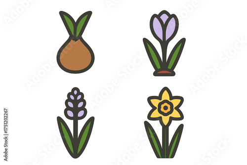 Colorful set of spring flower icons including crocus, daffodil, hyacinth, and bulb