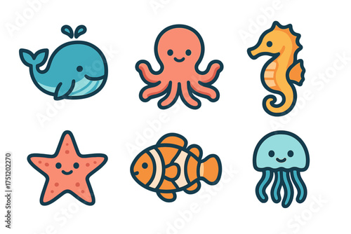 Set of six colorful marine animals: whale, octopus, seahorse, starfish, jellyfish, and clownfish
