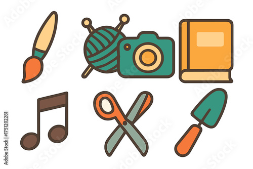 Set of flat icons depicting creative hobbies and leisure activities like art, music, photography, and gardening