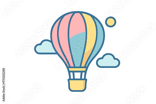 Colorful hot air balloon flying high in the sky with clouds and bright sun