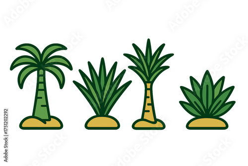 Collection of stylized tropical palm trees and desert plants on sand mounds