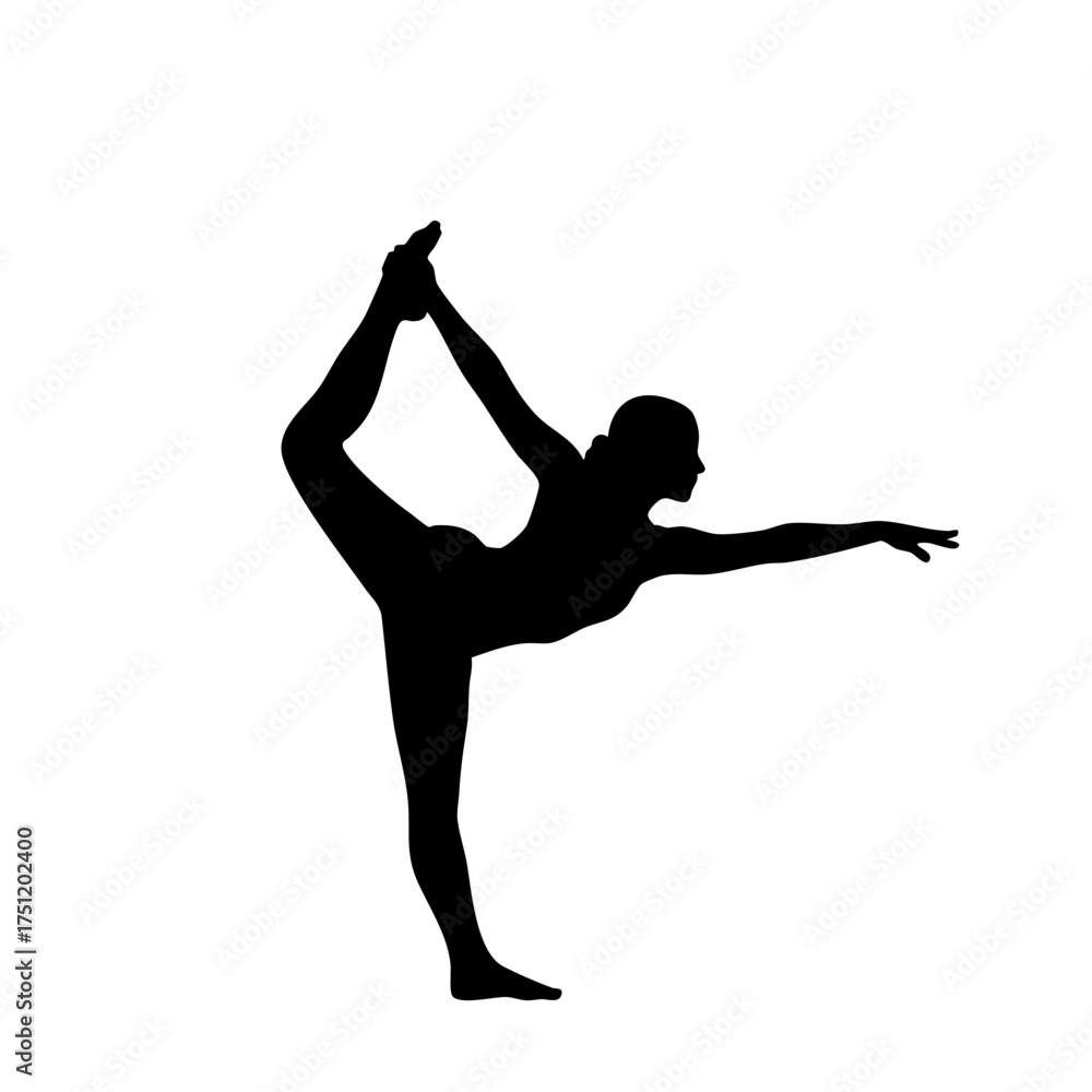 Fototapeta premium Silhouette of a woman in Lord of the Dance yoga pose, balancing with outstretched arm