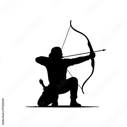 Silhouette of a Kneeling Archer Aiming with Bow and Arrow, Quiver Attached