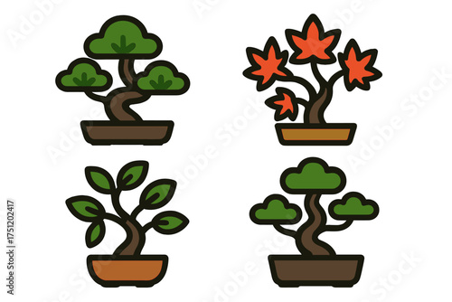 Set of four potted miniature trees showcasing traditional Japanese bonsai art