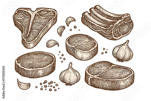 Raw beef steaks ribs and fresh garlic with peppercorns in vintage engraving