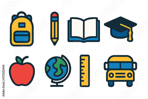 Set of essential school supplies and education symbols including backpack pencil book and globe