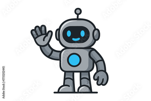Cute gray robot character waving hand in a friendly greeting gesture standing