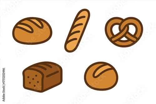 Set of various bakery products including loaf, baguette, pretzel, and rolls