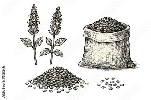 Hand drawn botanical elements of chia seeds and flowering plants with a full burlap sack of grain