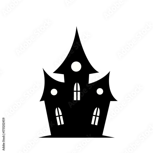 Spooky Silhouette of a Haunted House with Spiked Roofs and Windows