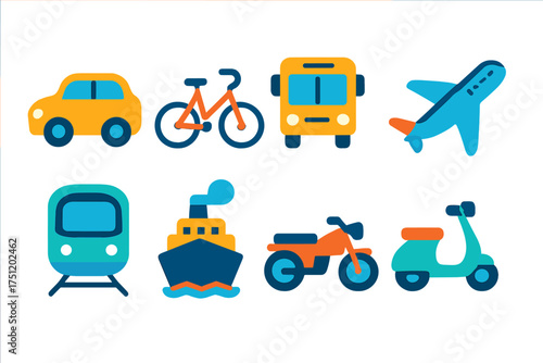 Colorful flat design icons collection showing various modes of transportation and travel