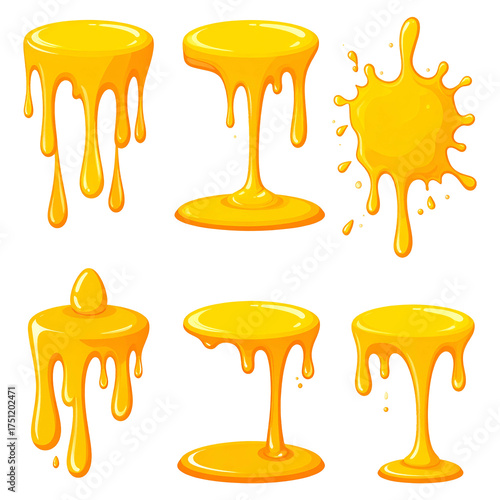 Cartoonish illustration of various drippy, golden, syrupy shapes on a transparent background