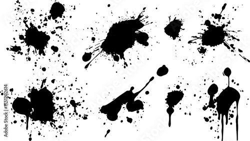 Abstract black ink splatter pattern on white background. Vector ink blots and splatters on white background. Collection of ink splatter graphics for artistic backgrounds design template, wallpaper,