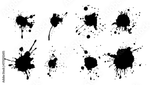 Abstract black ink splatter pattern on white background. Vector ink blots and splatters on white background. Collection of ink splatter graphics for artistic backgrounds design template, wallpaper,