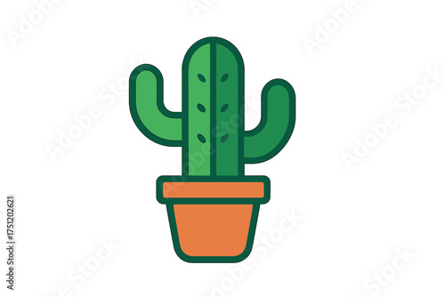 Stylized green cactus plant in orange terracotta pot isolated on white background
