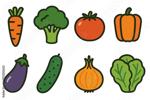 Set of fresh organic vegetables icons including carrot broccoli tomato pepper eggplant cucumber onion and lettuce