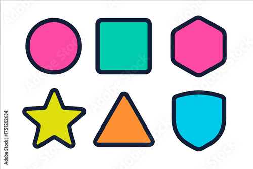 Colorful basic geometric shapes and symbols: circle, square, triangle, star, hexagon, shield