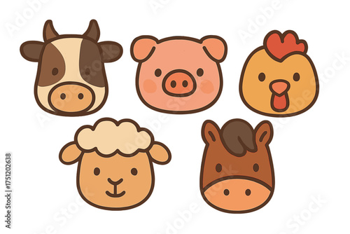 Set of cute stylized farm animal faces featuring a cow pig chicken sheep and horse