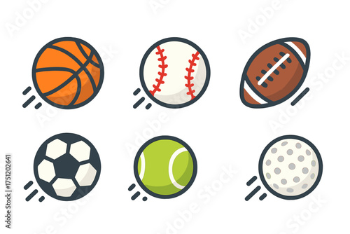 Collection of six moving sports balls icons including basketball baseball football soccer tennis and golf