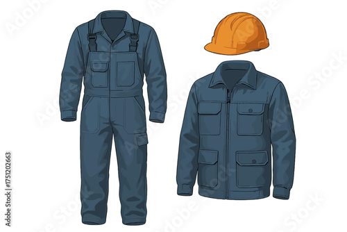 Blue industrial worker uniform set featuring overalls jacket and orange safety hard hat